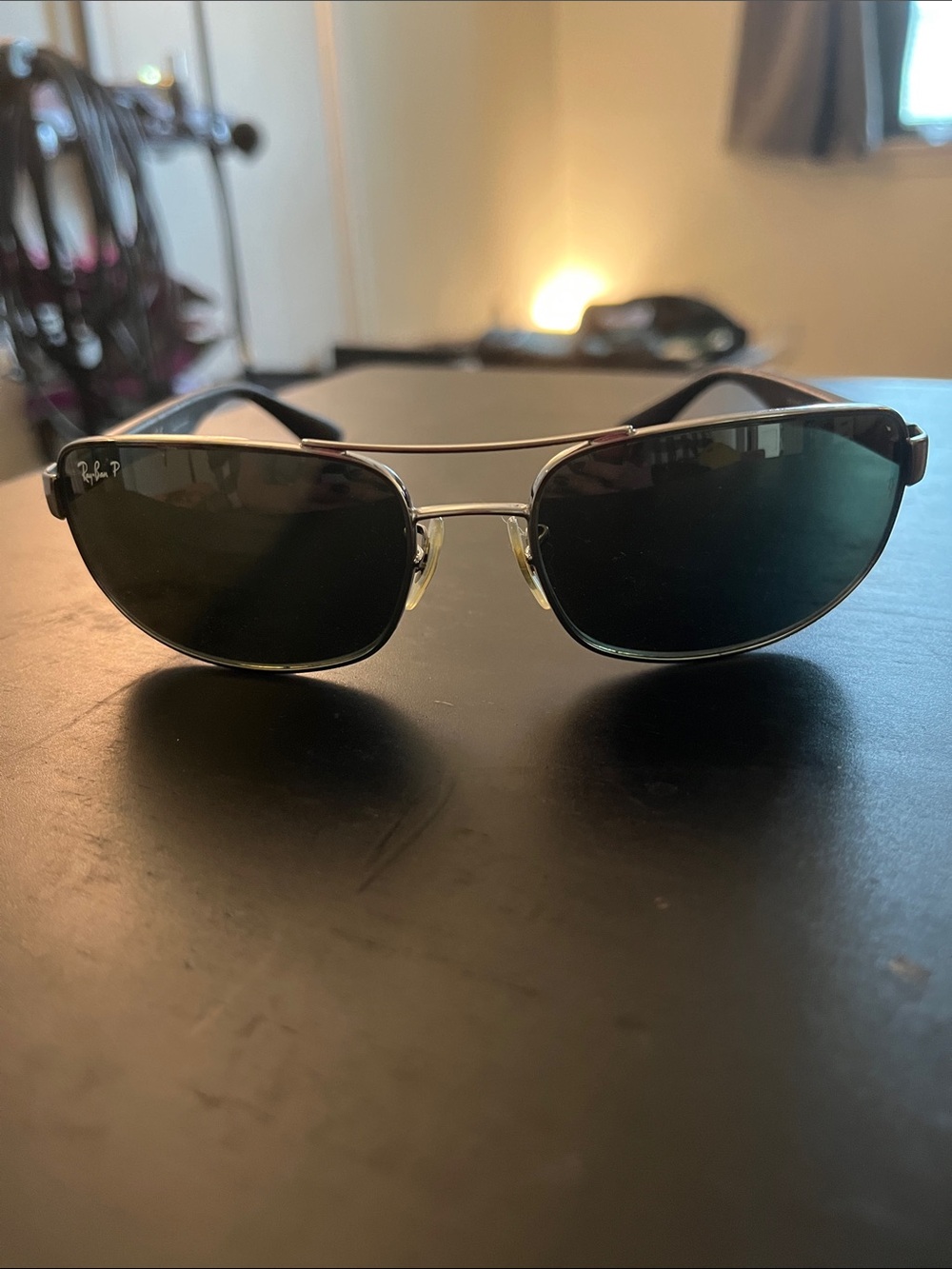 Ray-Ban Silver Frame Sunglasses with Dark Green Lenses